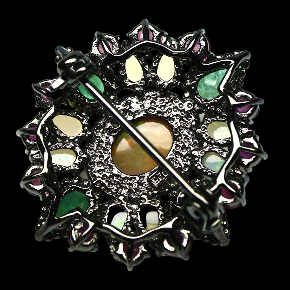 Opal Smaragd Rubin Brosche aus schwarzvergoldetem Silber - INARA