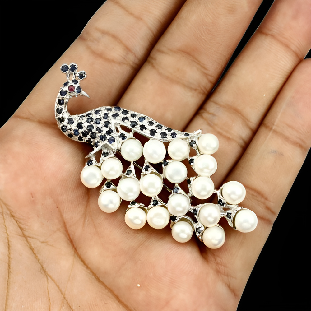 Saphir Rubin Perle Pfau Brosche