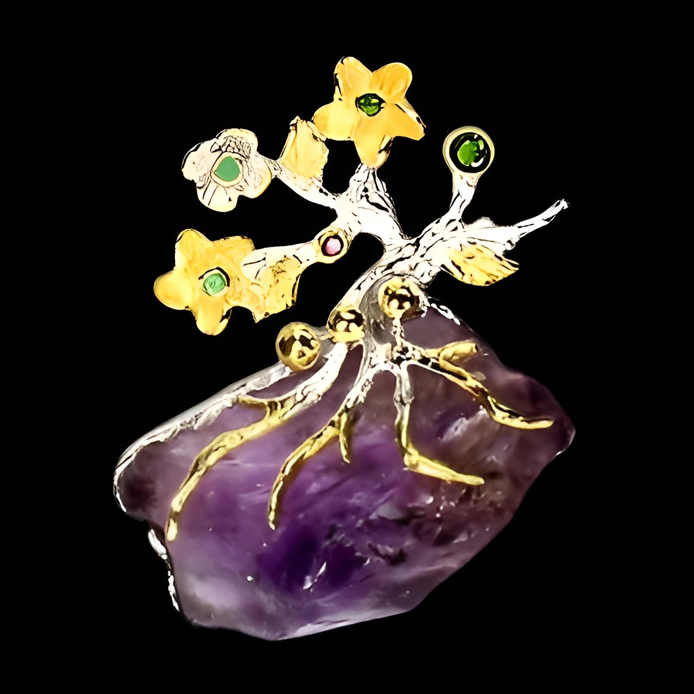 Amethyst Chromdiopsid Smaragd Rhodolit Anhänger Brosche aus bicolor vergoldetem Silber - INARA