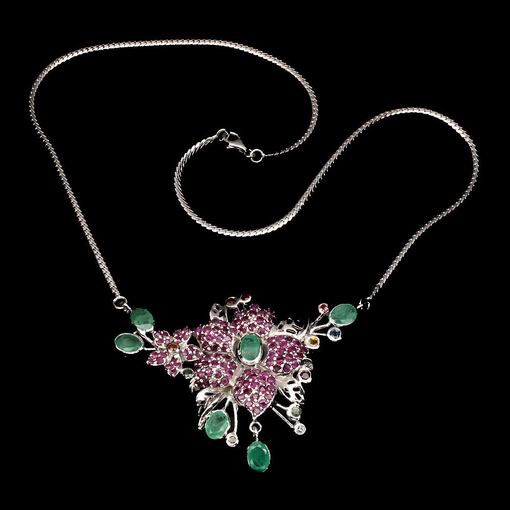 Rubin Smaragd Saphir Blume Collier aus weißvergoldetem Silber - INARA
