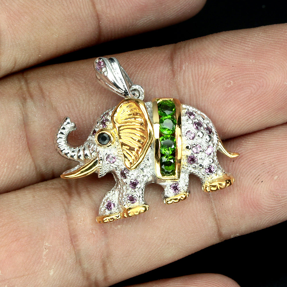 Russischer Diopsid Rhodolit Saphir Elefant Anhänger