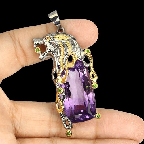 Amethyst Chromdiopsid Löwe Anhänger Silber bicolor vergoldet - INARA