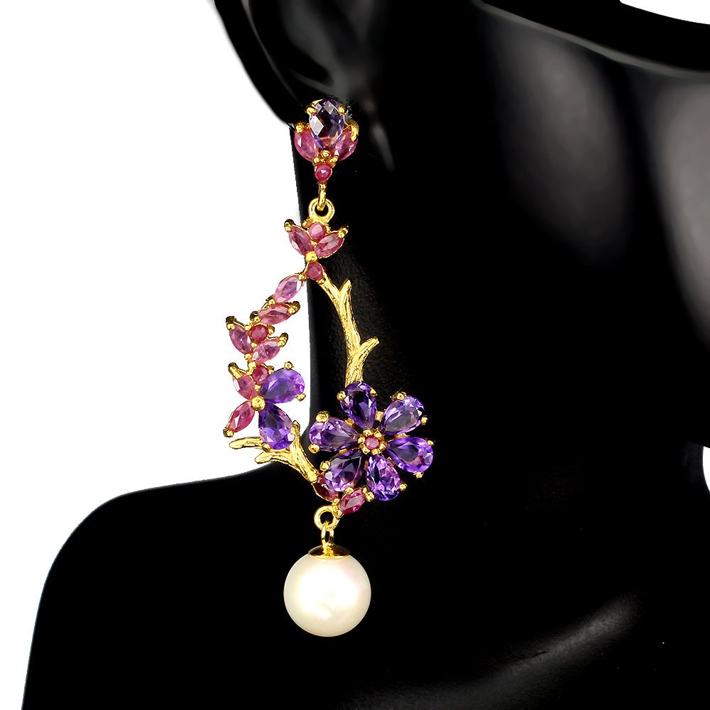 Amethyst Rubin Perle Ohrringe Silber gelbvergoldet - INARA