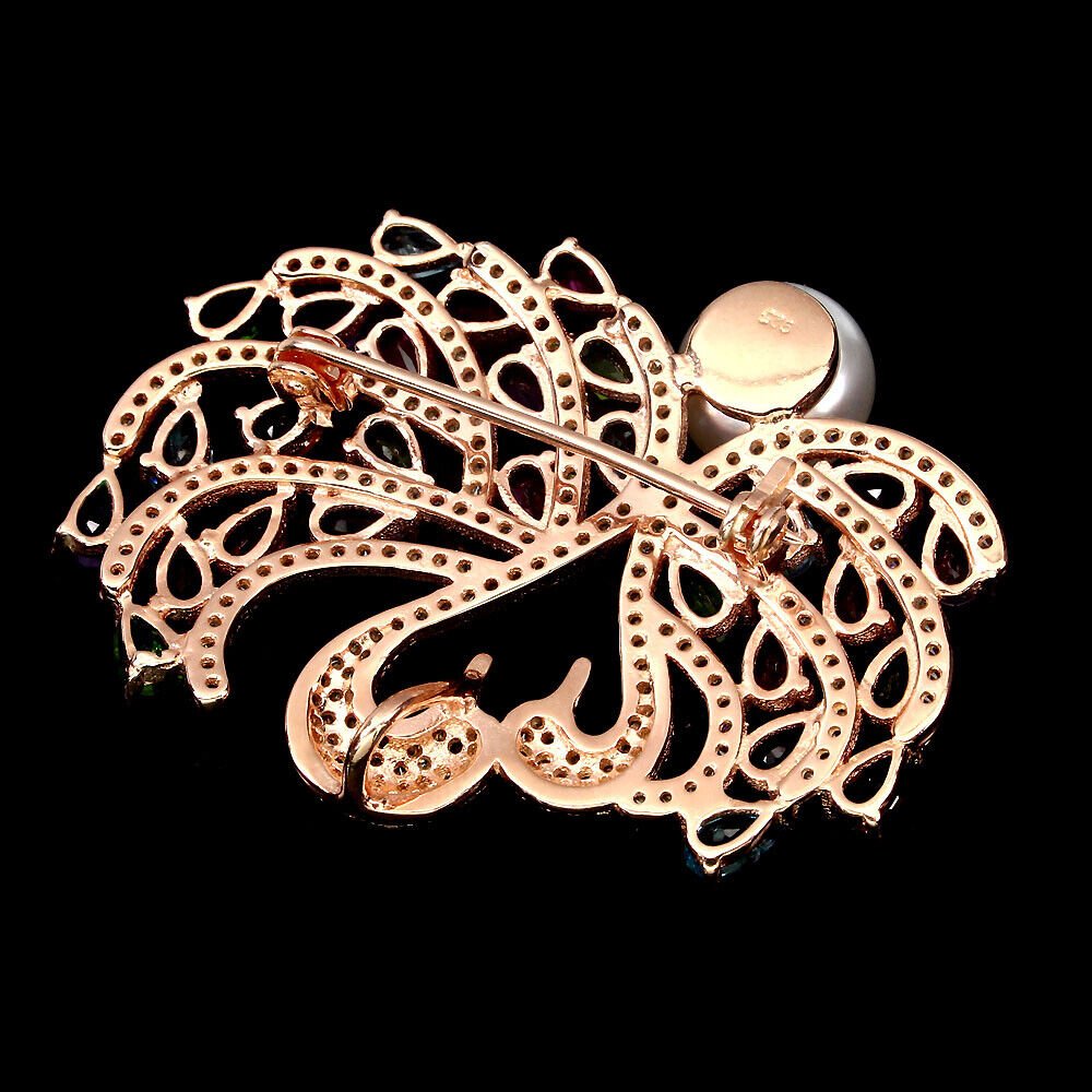 Chromdiopsid Granat Blautopas Schwan Anhänger Brosche aus rosévergoldetem Silber - INARA