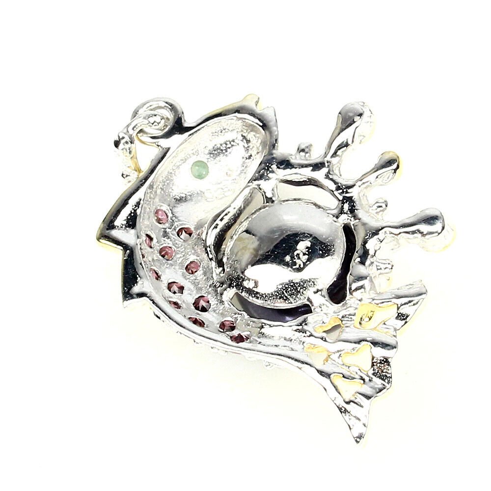 Perle Rhodolit Chromdiopsid Smaragd Fisch Anhänger aus bicolor vergoldetem Silber - INARA