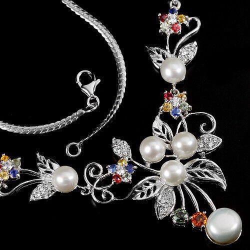 Saphir Collier Perle Silber weißvergoldet - INARA