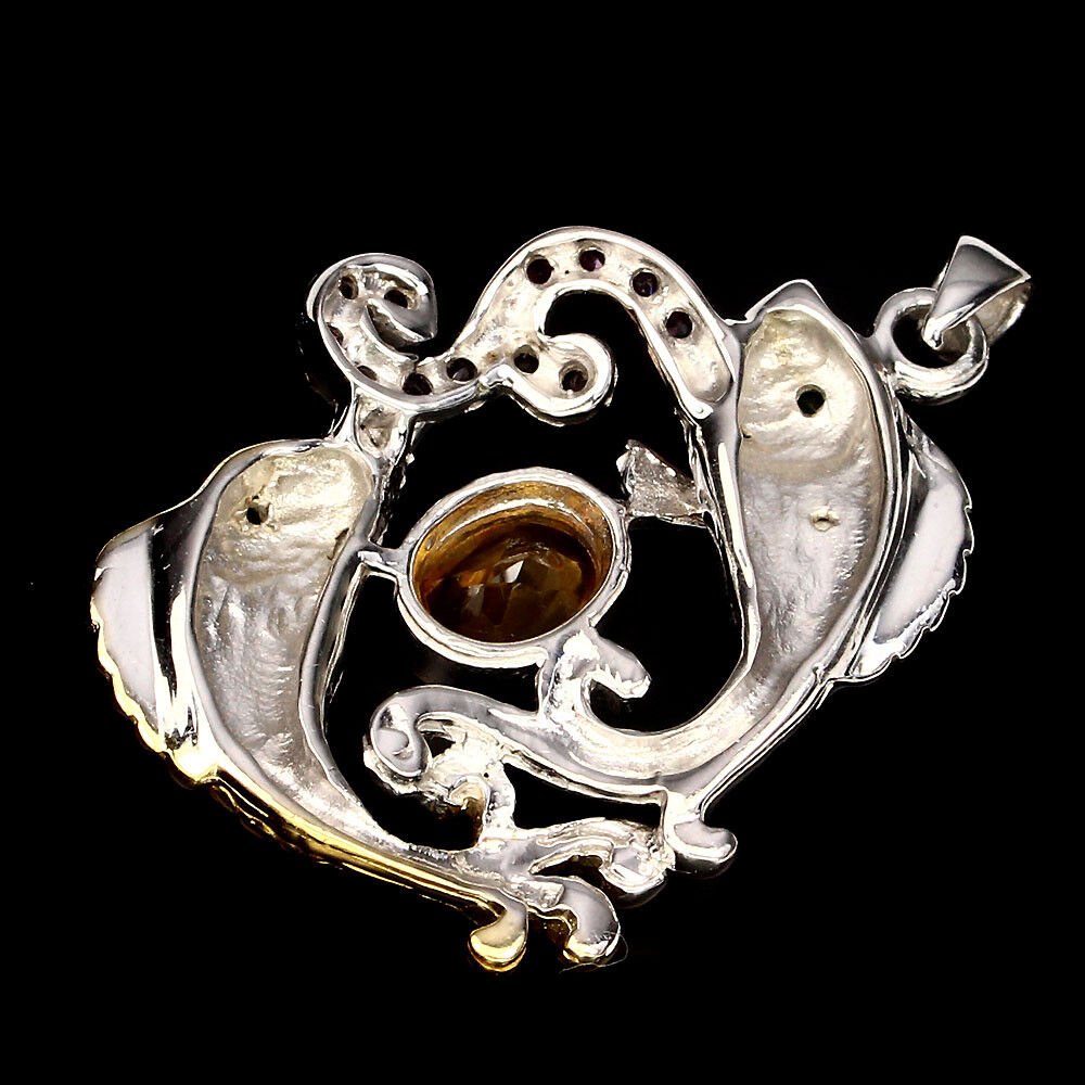 Citrin Rhodolit Chromdiopsid Fische Anhänger aus bicolor vergoldetem Silber - INARA