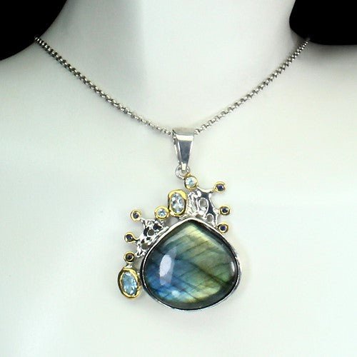 Labradorit Aquamarin Saphir Anhänger aus bicolor vergoldetem Silber - INARA