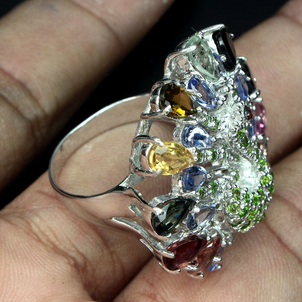 Turmalin Tansanit Chromdiopsid Pfau Ring aus weißvergoldetem Silber - INARA