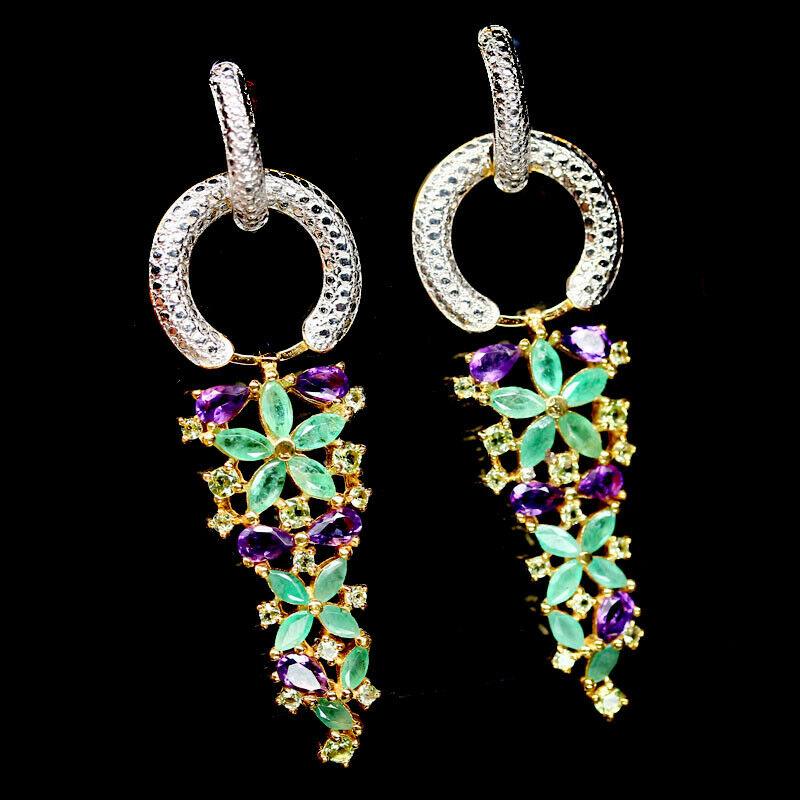 Smaragd Amethyst Peridot Ohrringe aus bicolor vergoldetem Silber - INARA