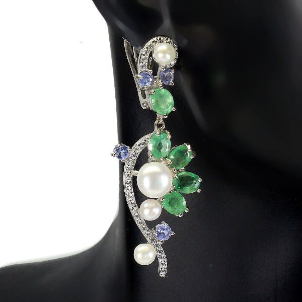 Smaragd Tansanit Perle Ohrringe aus weißvergoldetem Silber - INARA