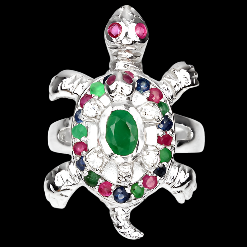 Smaragd Rubin Saphir Schildkröte Ring aus weißvergoldetem Silber - INARA