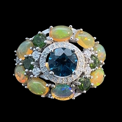 Blautopas Opal Russischer Diopsid Ring  aus weißvergoldetem Silber - INARA