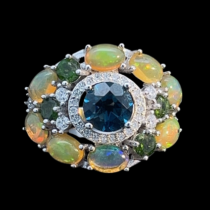 Blautopas Opal Russischer Diopsid Ring  aus weißvergoldetem Silber - INARA