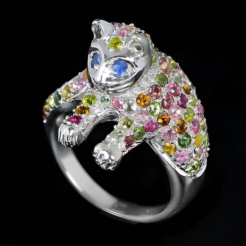 Turmalin Saphir Katze Ring aus weißvergoldetem Silber - INARA
