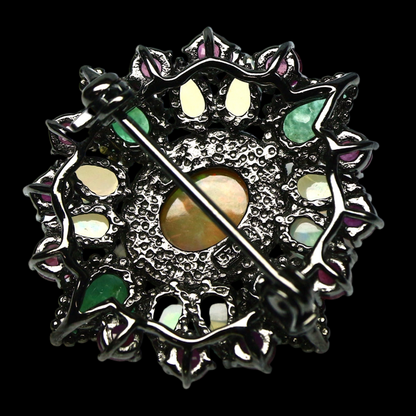 Opal Smaragd Rubin Brosche aus schwarzvergoldetem Silber - INARA