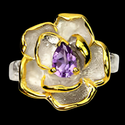 Amethyst Blume Ring aus bicolor vergoldetem Silber - INARA
