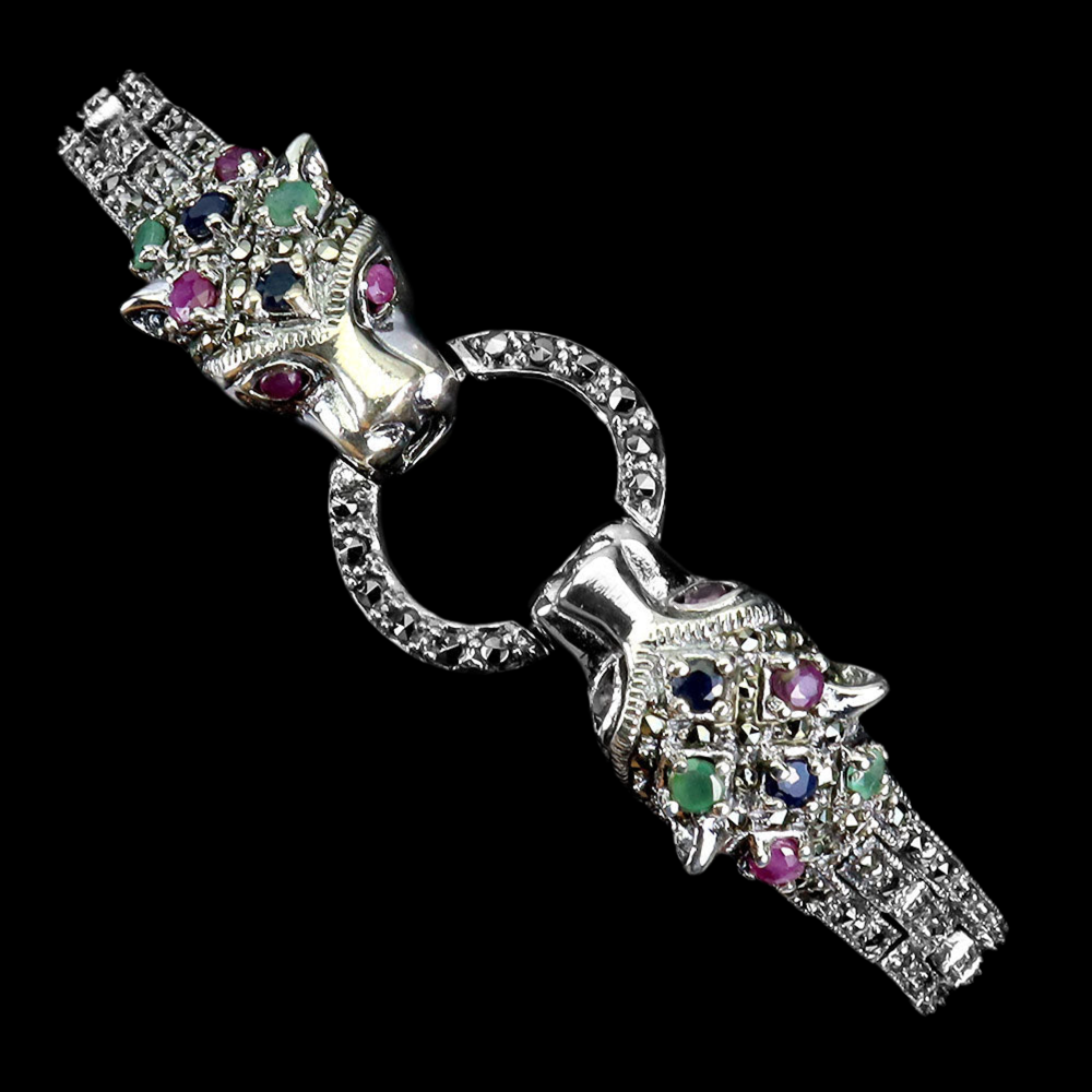 Rubin Saphir Smaragd Markasit Raubkatze Armband aus weißvergoldetem Silber - INARA