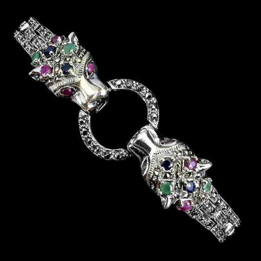 Rubin Saphir Smaragd Markasit Raubkatze Armband aus weißvergoldetem Silber - INARA