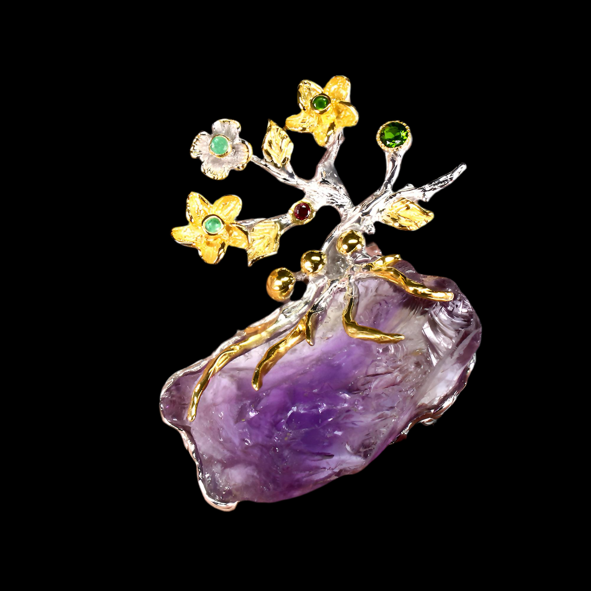 Amethyst Chromdiopsid Smaragd Rhodolit Anhänger Brosche aus bicolor vergoldetem Silber - INARA