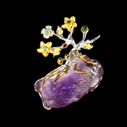 Amethyst Chromdiopsid Smaragd Rhodolit Anhänger Brosche aus bicolor vergoldetem Silber - INARA