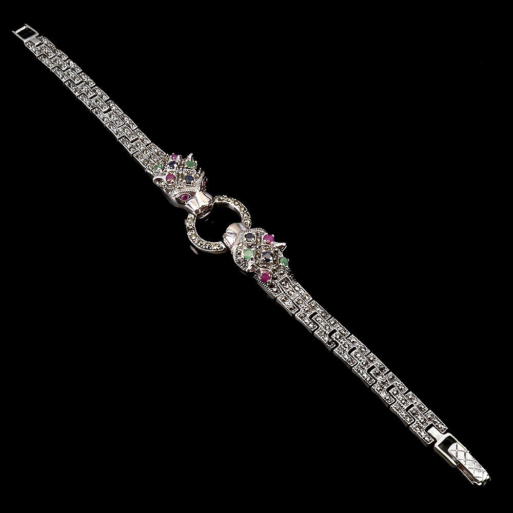 Rubin Saphir Smaragd Markasit Raubkatze Armband aus weißvergoldetem Silber - INARA