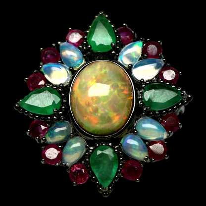 Opal Smaragd Rubin Brosche aus schwarzvergoldetem Silber - INARA