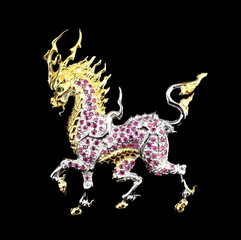 Rubin Russischer Diopsid Drachenpferd Brosche Silber - INARA