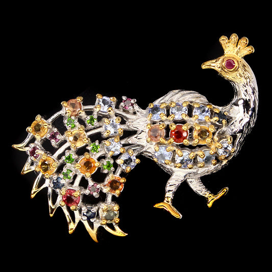 Saphir Chromdiopsid Rhodolit Rubin Tansanit Pfau Brosche aus bicolor vergoldetem Silber - INARA