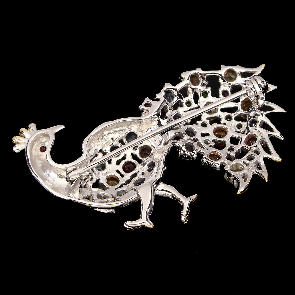 Saphir Chromdiopsid Rhodolit Rubin Tansanit Pfau Brosche aus bicolor vergoldetem Silber - INARA