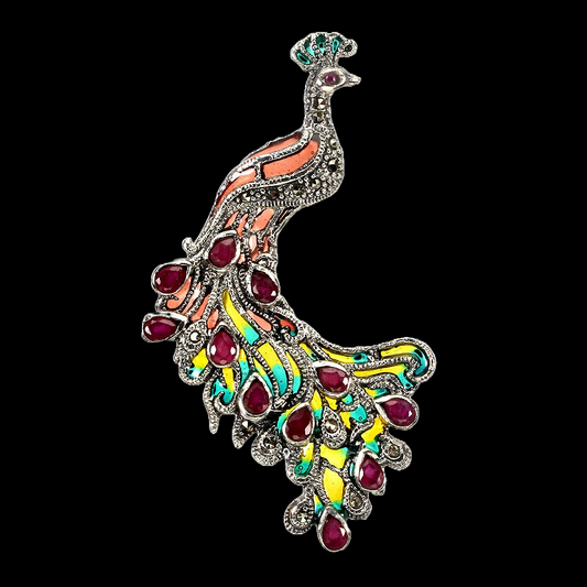 Rubin Markasit Pfau Anhänger Brosche aus Silber - INARA