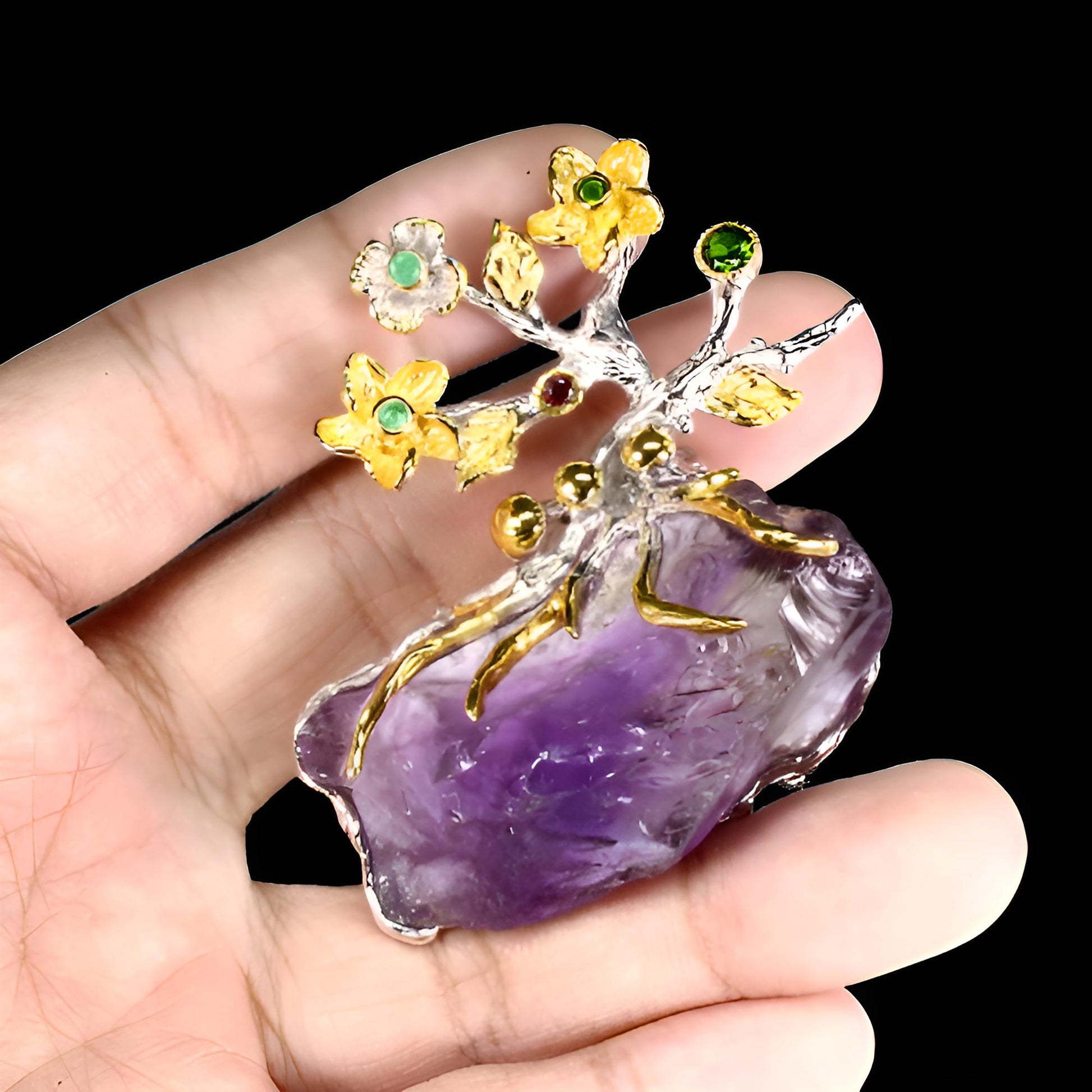 Amethyst Chromdiopsid Smaragd Rhodolit Anhänger Brosche aus bicolor vergoldetem Silber - INARA