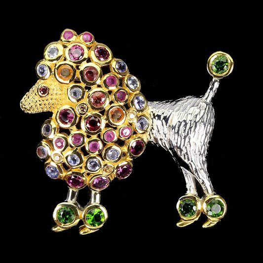 Chromdiopsid Saphir Tansanit Rubin Rhodolit Hund Brosche aus bicolor vergoldetem Silber - INARA