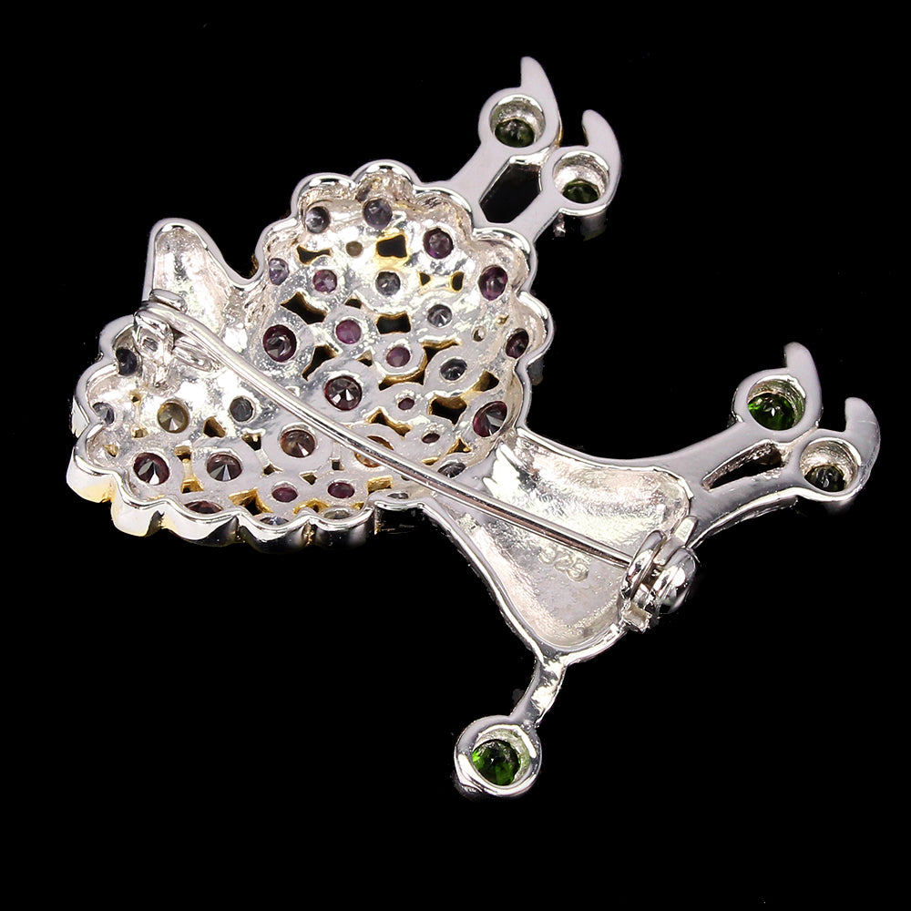 Chromdiopsid Saphir Tansanit Rubin Rhodolit Hund Brosche aus bicolor vergoldetem Silber - INARA