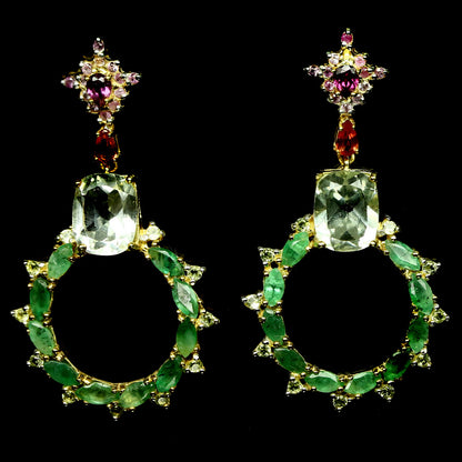 Prasiolith Smaragd Saphir Rhodolit Ohrringe aus gelbvergoldetem Silber - INARA