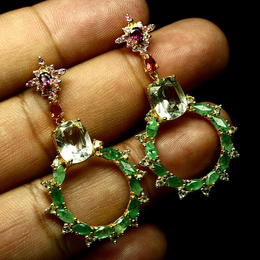 Prasiolith Smaragd Saphir Rhodolit Ohrringe aus gelbvergoldetem Silber - INARA
