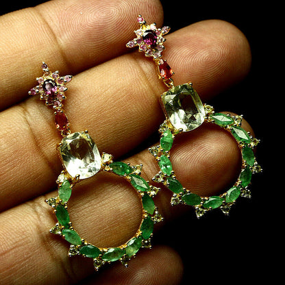 Prasiolith Smaragd Saphir Rhodolit Ohrringe aus gelbvergoldetem Silber - INARA