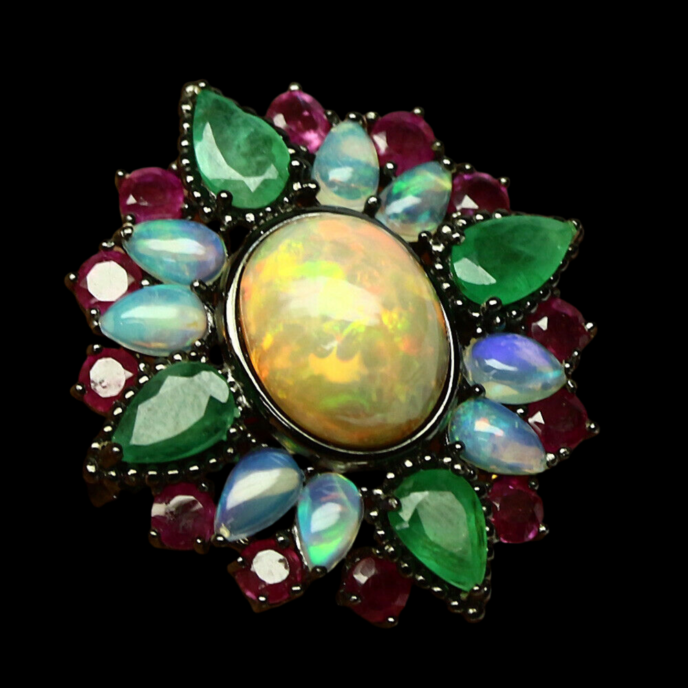 Opal Smaragd Rubin Brosche aus schwarzvergoldetem Silber - INARA