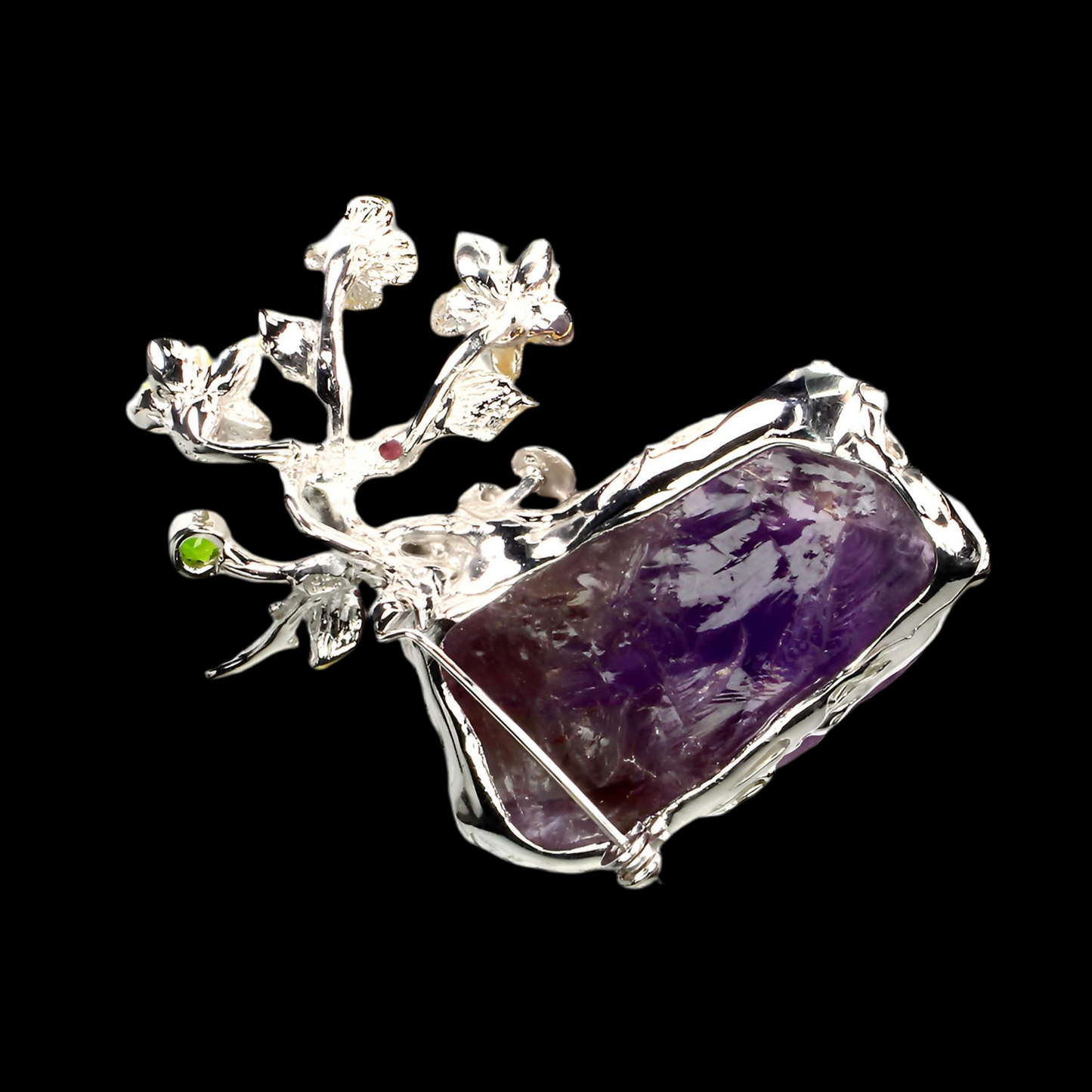 Amethyst Chromdiopsid Smaragd Rhodolit Anhänger Brosche aus bicolor vergoldetem Silber - INARA