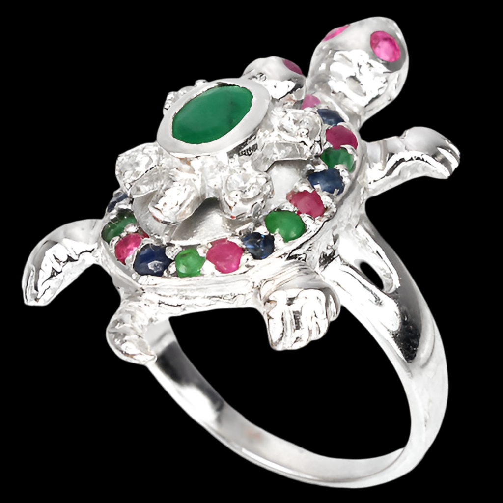 Smaragd Rubin Saphir Schildkröte Ring aus weißvergoldetem Silber - INARA