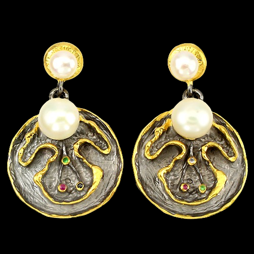 Perle Rubin Tsavorit Saphir Weißtopas Ohrringe aus schwarzrhodiniertem Silber - INARA