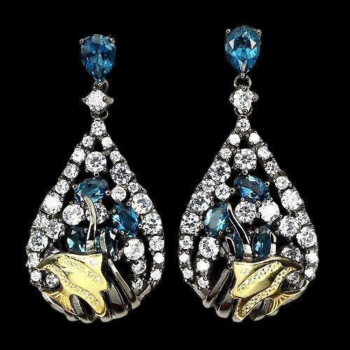 Blautopas Fisch Ohrringe aus schwarzrhoiniertem und vergoldetem Silber - INARA