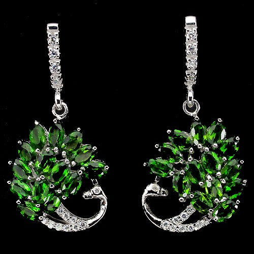 Chromdiopsid Pfau Ohrringe aus weißvergoldetem Silber - INARA