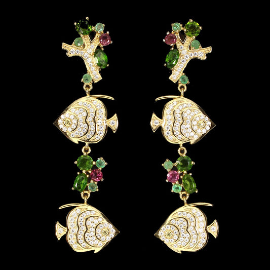 Chromdiopsid Smaragd Turmalin Ohrringe aus gelbvergoldetem Silber - INARA