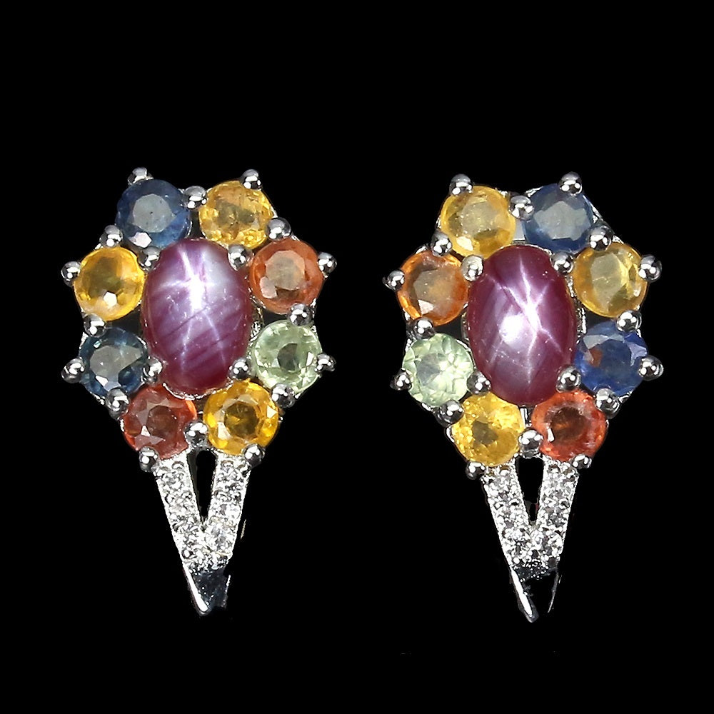 Boucles d'Oreilles Rubis Étoilé Topaze Blanche Saphir