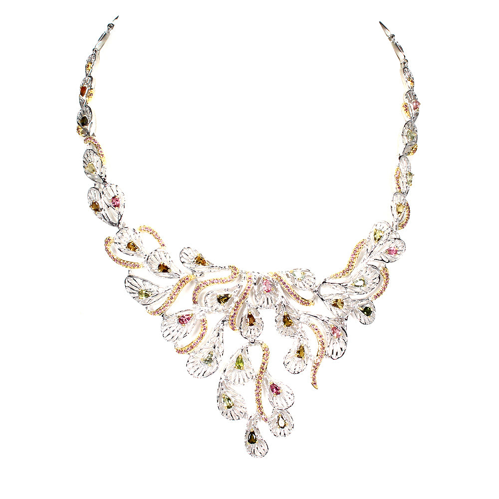 Turmalin Rhodolit Pfauenfeder Collier aus bicolor vergoldetem Silber - INARA