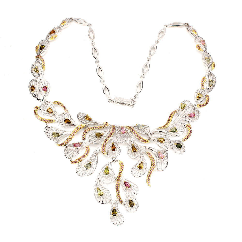 Turmalin Rhodolit Pfauenfeder Collier aus bicolor vergoldetem Silber - INARA