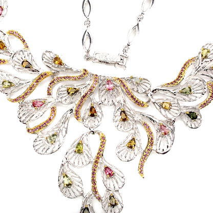Turmalin Rhodolit Pfauenfeder Collier aus bicolor vergoldetem Silber - INARA