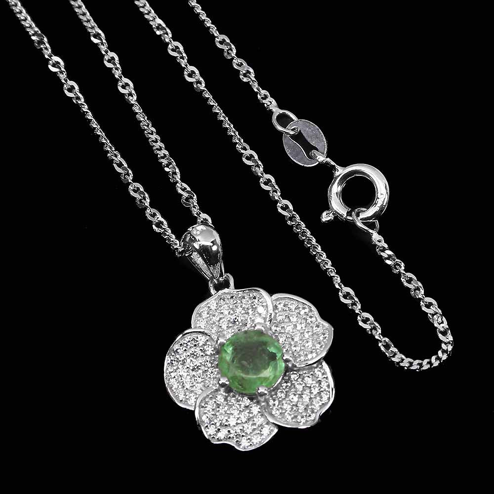 Smaragd Blume Anhänger mit Halskette aus weißvergoldetem Silber - INARA