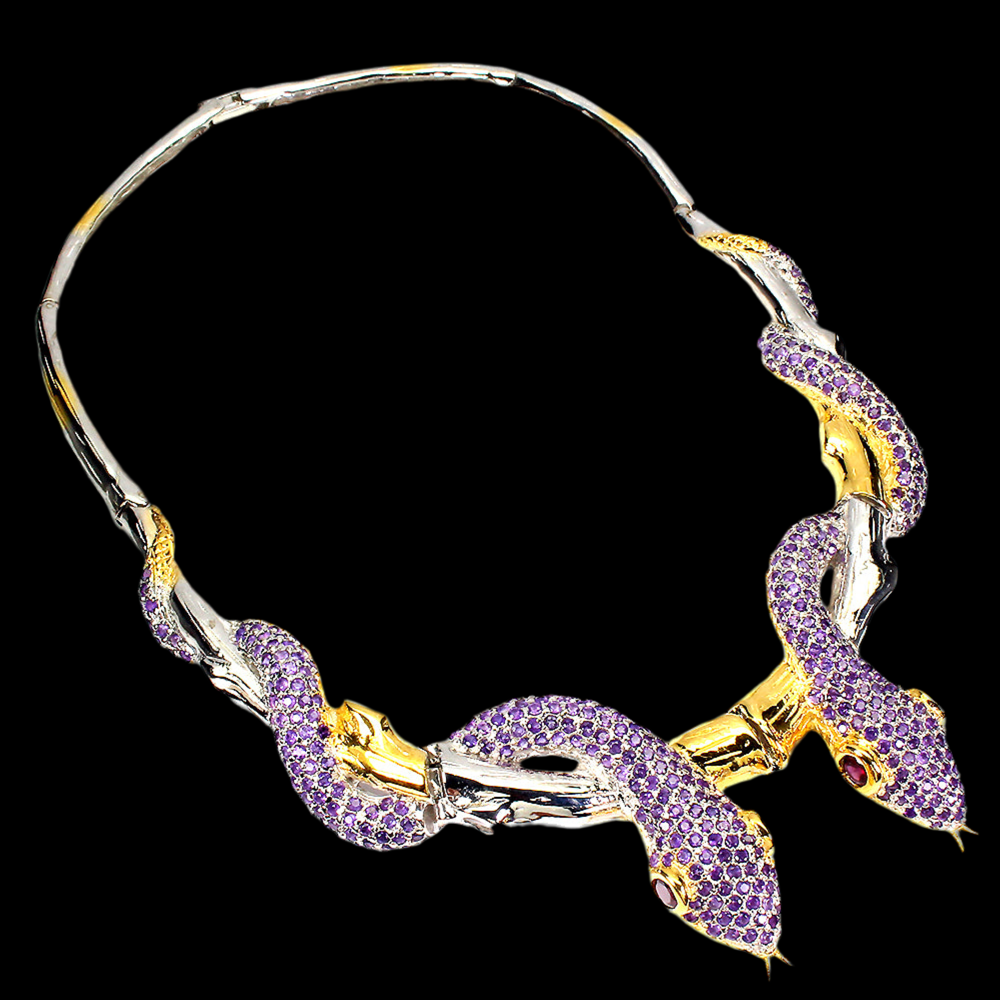 Amethyst Rhodolit Kobra Schlangen Collier aus vergoldetem Silber - INARA